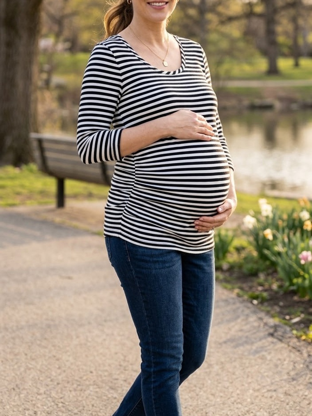 Ingrid & Isabel Maternity Striped Long Sleeve Top Size S Black White